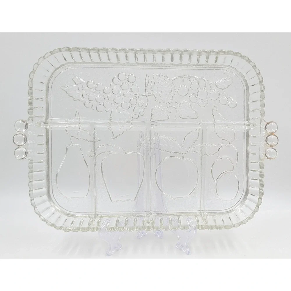 Indiana Glass Clear Divided Serving Relish Tray Fruit Pattern Handles 9